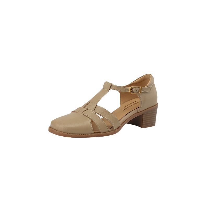 Sandal nữ quai chữ T da cừu rỗng gót xuồng 5 cm — Màu be