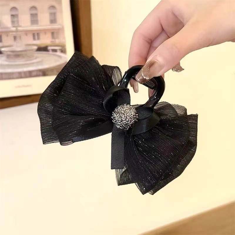 Advanced Satin Satin Big Black Bowknot Clip de tiburón Tocado Diamante cuadrado Horquilla en la parte posterior de la cabeza Clip de agarre Horquilla femenina
