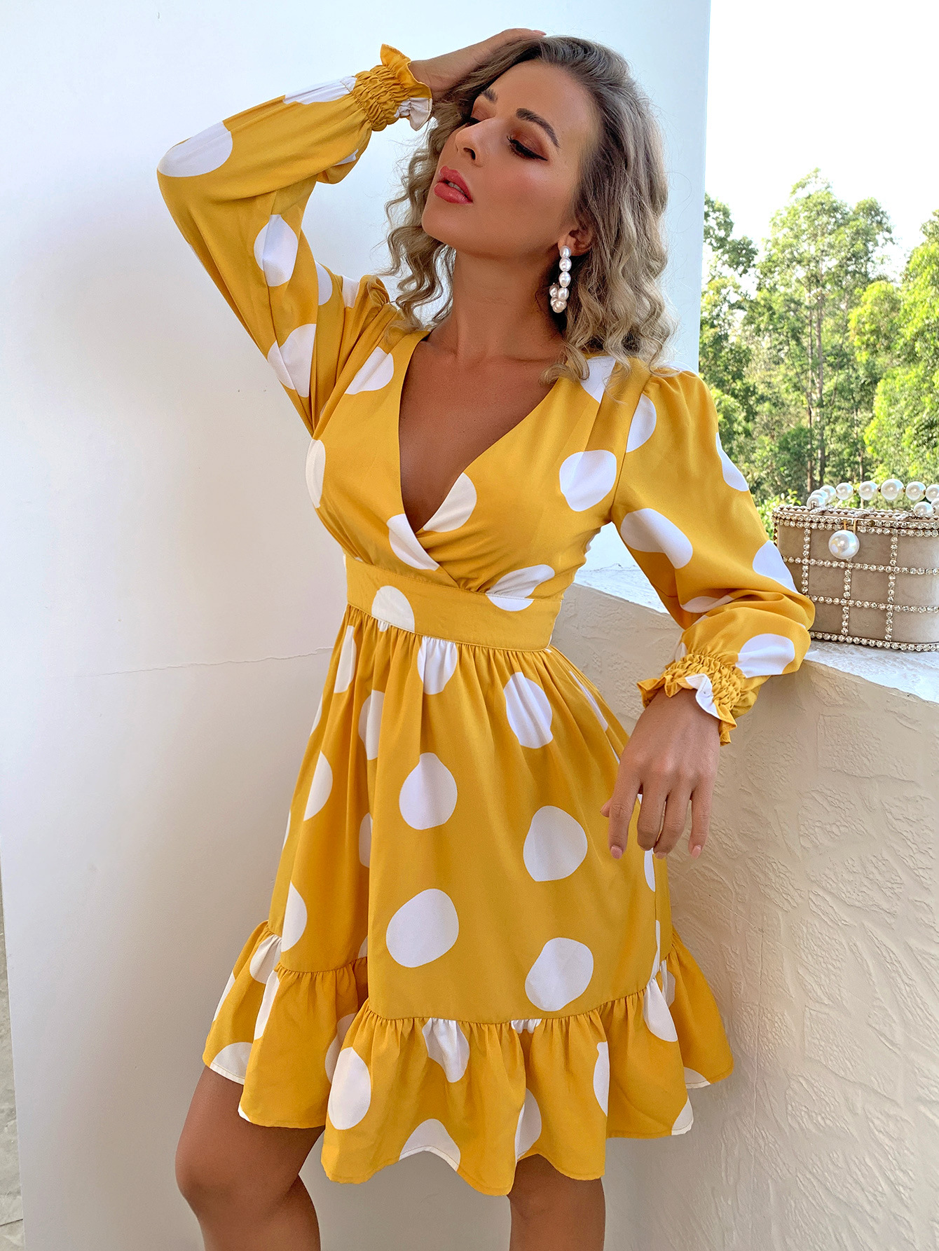 fashion polka-dot long-sleeved short dress NSYI47339