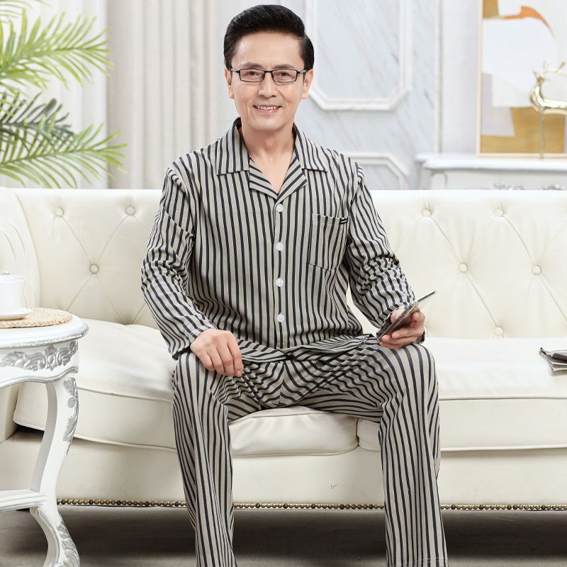 중년 남성 잠옷 면 긴팔 봄, 가을 중년 및 노인 아빠의 플러스 사이즈 가을, 겨울 가정복 세트