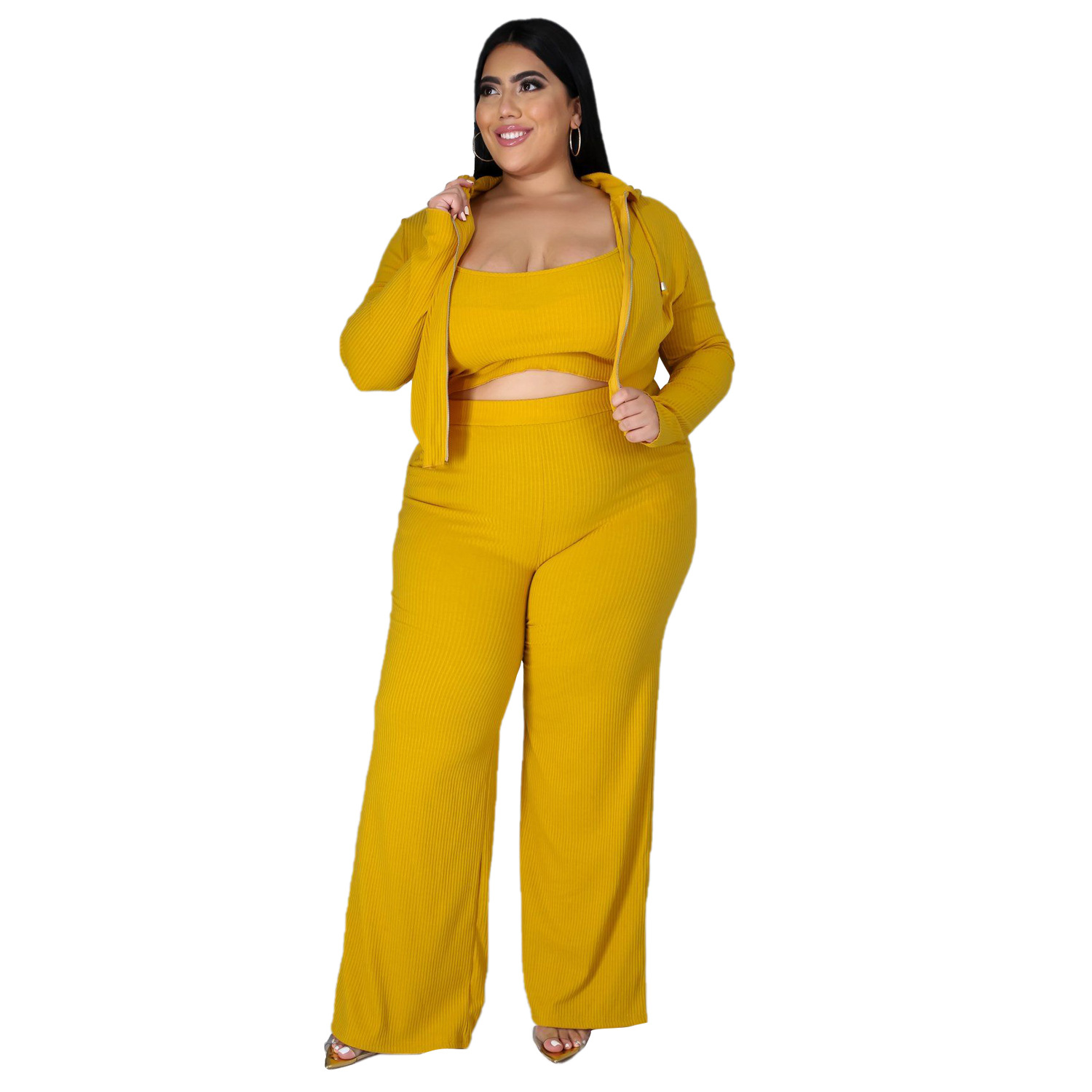 women plus size sweatshirt tube top bell-bottoms three-piece lounge set nihaostyles clothing wholesale NSBMF80103