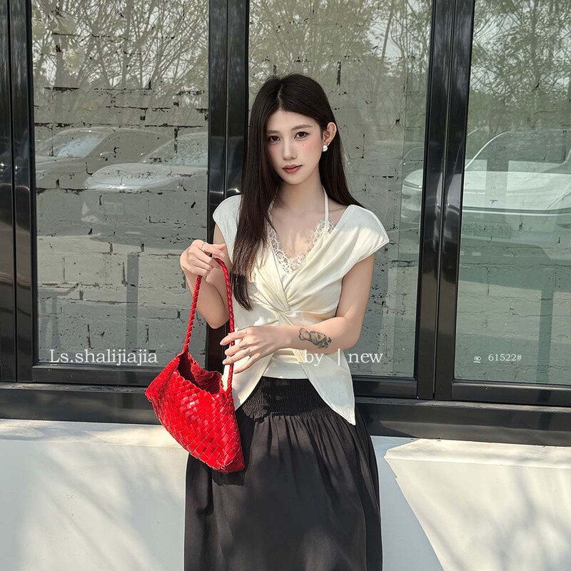 Ls Elegant and Fashionable Solid Color Lace Patchwork Blouse Guangzhou Shisanxing 2026 Summer New Top 61522 #