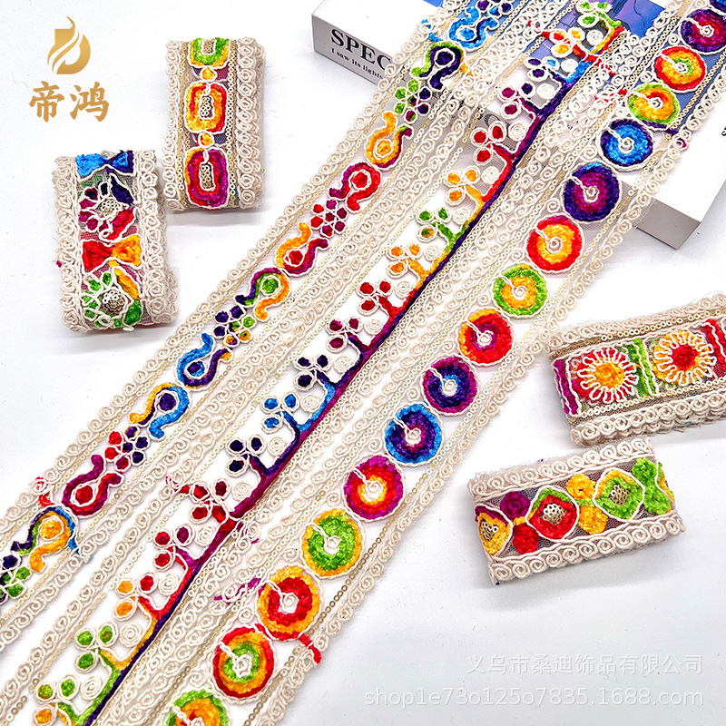 Hilo de algodón de estilo étnico encaje de color cordón de hueso franela bordado lentejuelas código de barras accesorios de ropa encaje encaje Hanfu