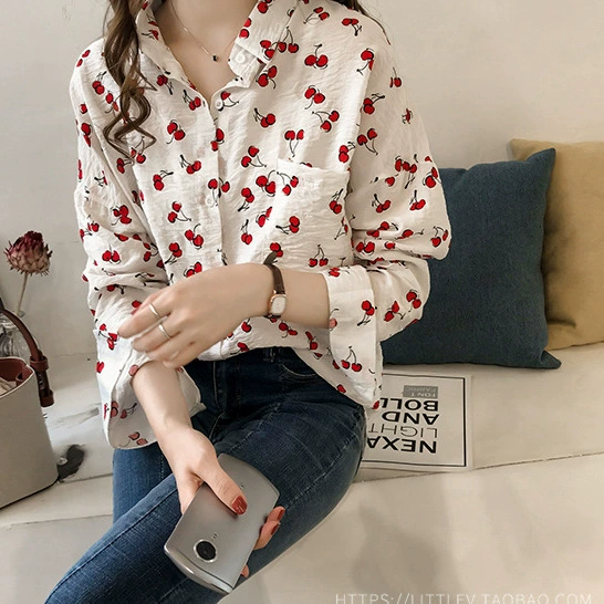 Новая женская рубашка с длинным рукавом для ранней осени, свободная рубашка в корейском стиле с милым принтом вишни, базовая рубашка-топ для ранней осени.