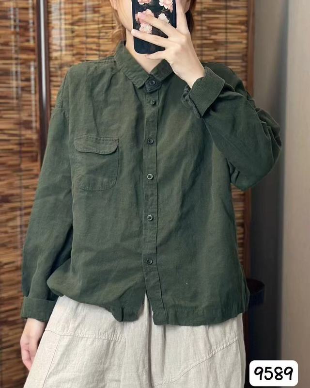 2025早秋新款亚麻衬衫女韩版气质休闲百搭减龄长袖小开衫翻领上衣|undefined