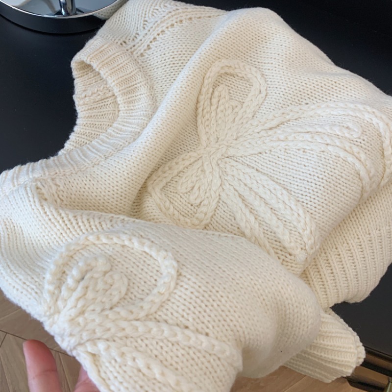韩系甜美手工蝴蝶结短款圆领毛衣女秋冬重工粗针百搭套头针织上衣|undefined