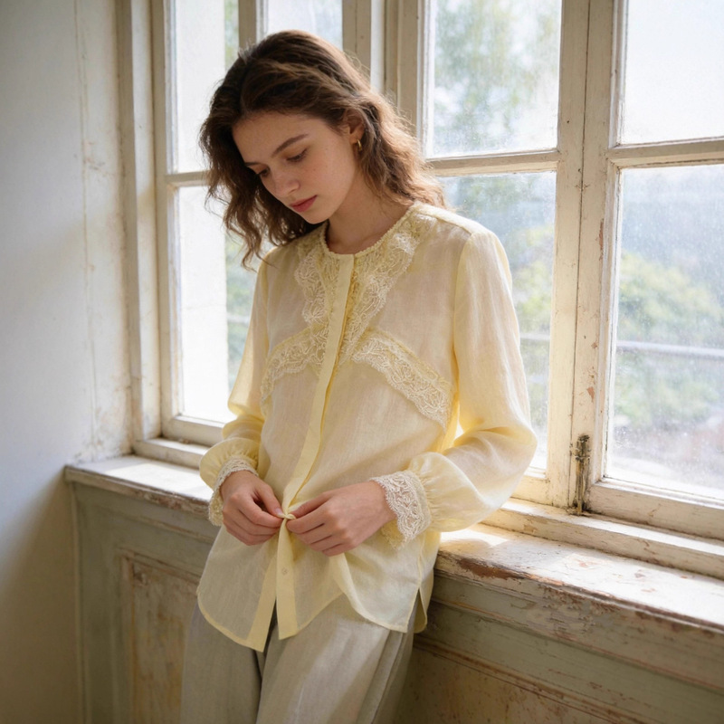 Shenzhen Nanyou High-Quality Original Design Women's Spring New Style French Style Lace Splicing Ramie Long-Sleeved Shirt