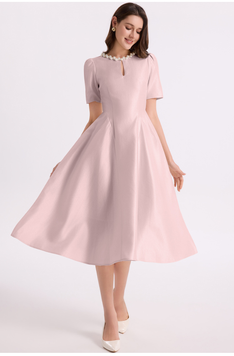 Váy maxi nữ phong cách Pháp Hepburn tay ngắn cổ tròn thắt eo dáng dài — màu đen, màu tím, màu mơ chi tiết 6