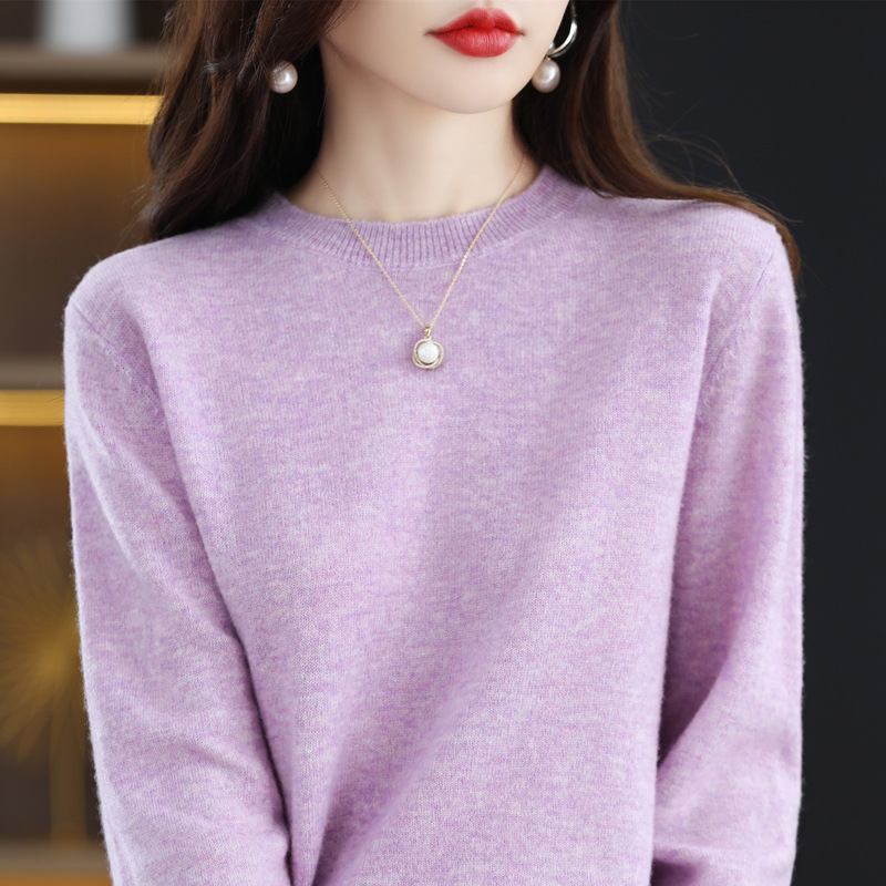 Nuevo otoño temprano cuello redondo 100 suéter de lana de las mujeres de moda simple flojo adelgazar punto manga larga que basa la camisa suéter de las mujeres