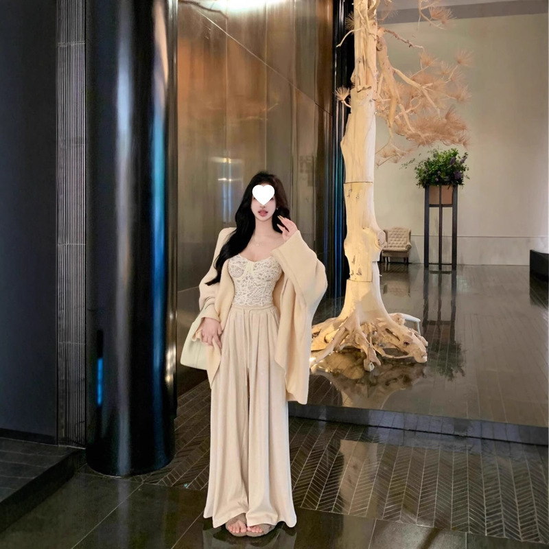 Pure Lust Style Suit for Women, Sweet Long-Sleeved Sweater Jacket, Women's Autumn Lace Inner Vest Top, Wide-Leg Pants