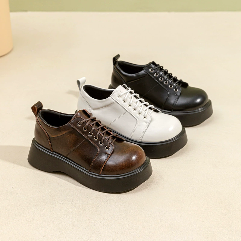 Foot Power 2023 Новая повышенная толстая подошва с большим круглым носком Маленькая кожаная обувь в академическом стиле Ретро-коричневая Однослойная обувь на платформе