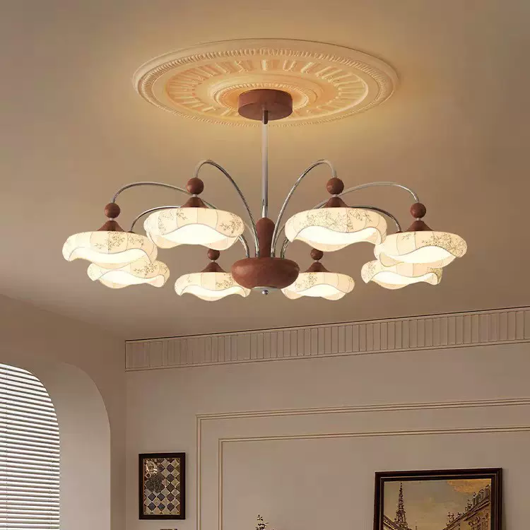 中古风客厅吊灯宋代美学复古胡桃色印花布艺卧室餐厅灯家用大厅灯