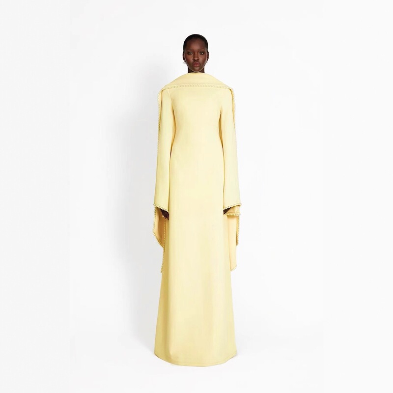2025 Autumn New European and American Cross-Border Special Occasion Banquet Dress with Beaded Shawl, Ribbon, and Batwing Sleeves