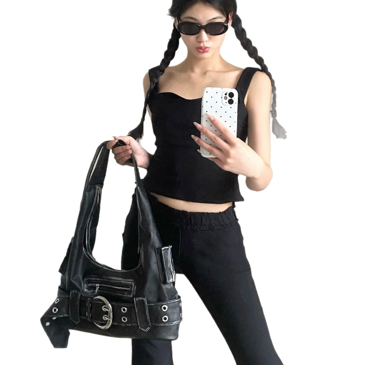 2025 New Sweet Cool Spicy Girl Black Commuter Tote Bag Retro Punk Motorcycle Shoulder Crossbody Bag For Women - Thumbnail 5
