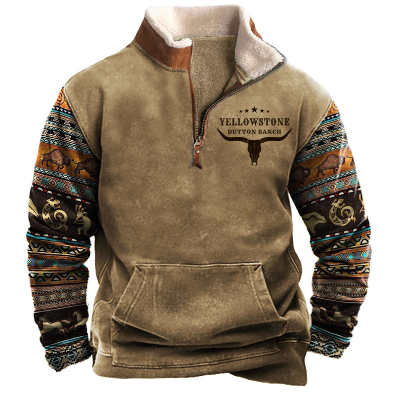 Cross-Border European Size Men's Retro Printed Yellowstone Color-Blocked Zipper Stand-Up Collar Sweatshirt Autumn and Winter Outdoor Casual Sweatshirt