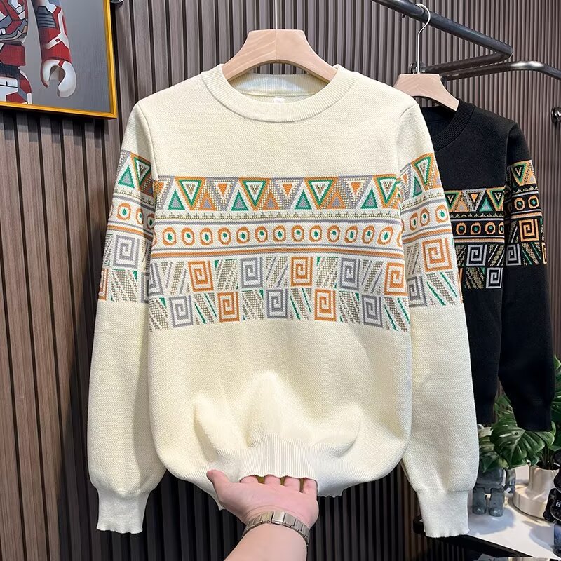 "Men's Jacquard Knit Sweater - European & American Style Thick Winter Pullover With Long Sleeves, Fashionable Textured Design_viptrois.com