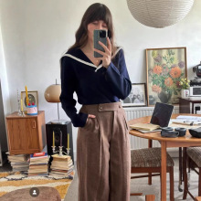 羊毛毛衣女秋冬外穿秋冬新款海军风撞色大翻领装饰边简约套头毛衣