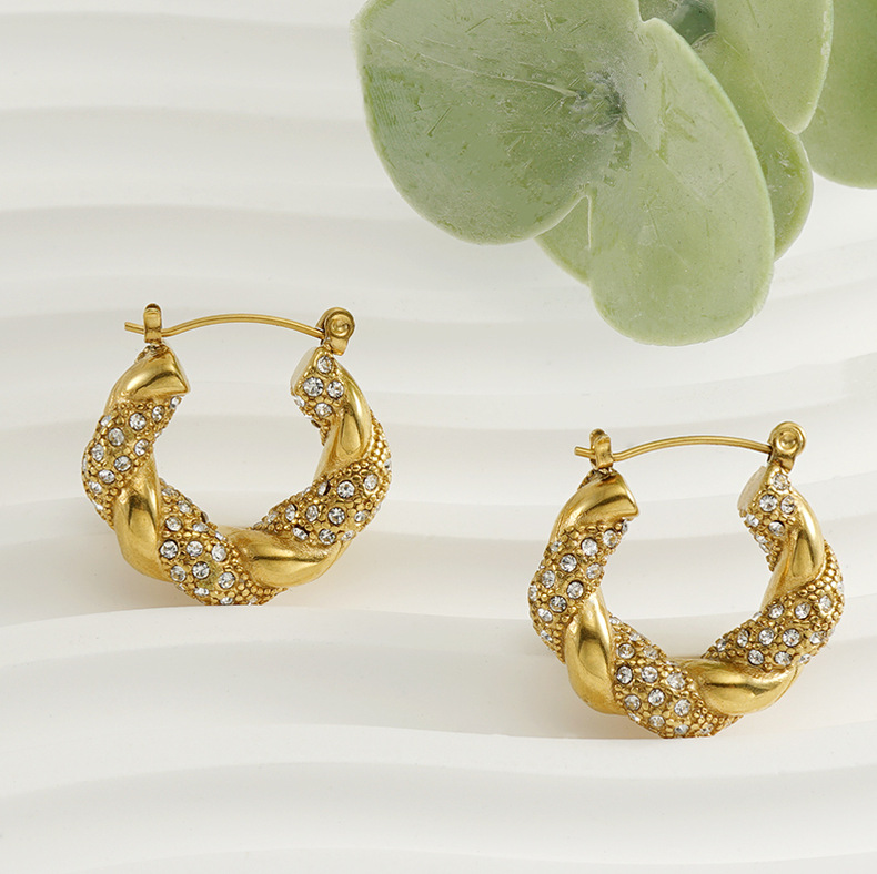 1 Pair Lady Round Gold Plated Stainless Steel Rhinestones Gold Plated Earrings display picture 2