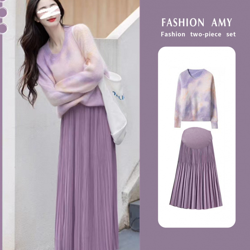 in stock Pregnant Women's Fashion Beautiful suit Skirt Lazy Style Sweater French High-Level Two-Piece Winter Suit