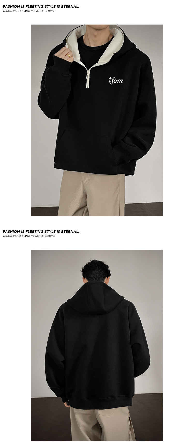 Felpa con cappuccio ricamata da uomo con zip in cotone pesante_voghion.com