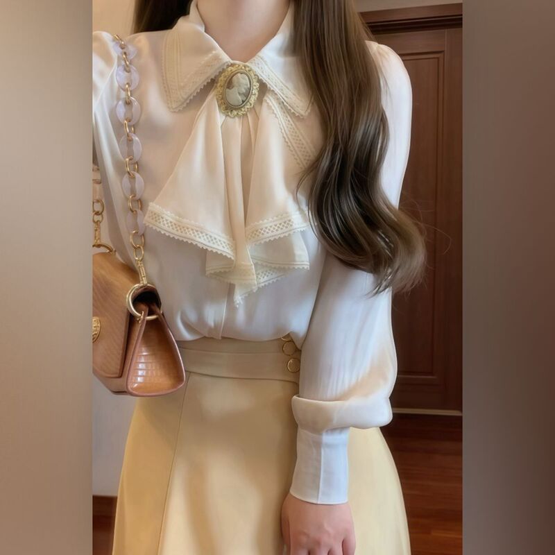 春季新款设计感蝴蝶结长袖衬衫+高腰显瘦半身裙时尚两件套装裙子|undefined