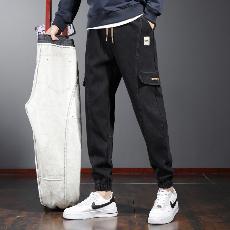 Pantalones casuales de otoño e invierno para hombres pantalones completos ropa de trabajo suelta con forro polar Pantalones deportivos pantalones de terciopelo engrosados de una sola pieza para hombres