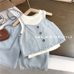 女の子のスーツの夏の新型の洋気の赤ちゃんのキャミソールの7分のズボンの子供のデニムの3セットの夏服の対外貿易