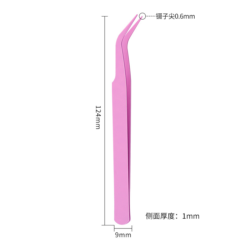 Pinzas para pestañas de acero inoxidable, punta curva, rosa