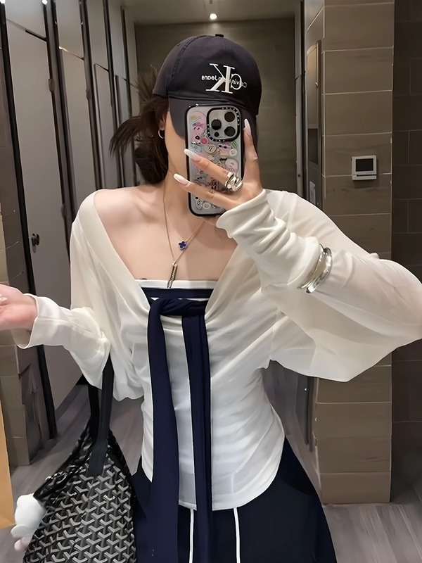 辣妹早秋套装女2025新款绑带条纹抹胸上衣搭配长袖防晒罩衫两件套|undefined