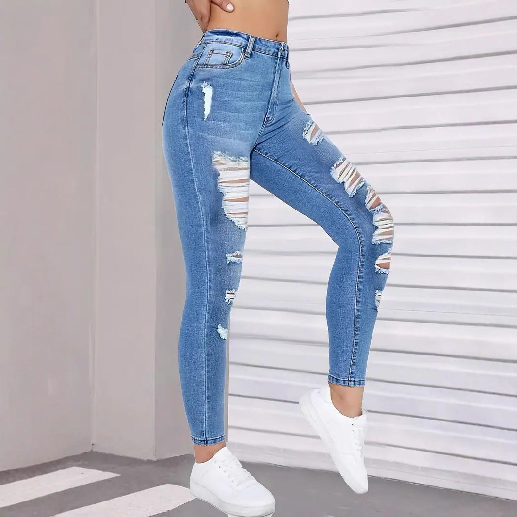 2025 European And American Foreign Trade New Fashion High Waist Hole Elastic Tight Versatile Pants Denim Trousers Women_voghion.com