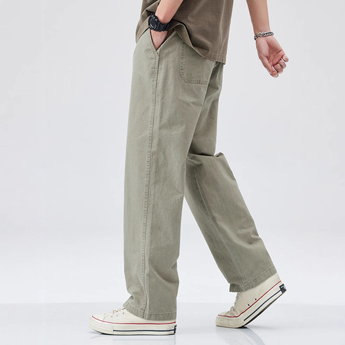 Japanese-style pure cotton straight-leg casual pants for men, summer trend brand versatile wide-leg work pants with a relaxed straight-leg vibe