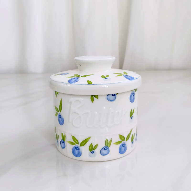 Tarjeta de mantequilla de cerámica azul con tapa, tarjeta de almacenamiento de color bajo esmalte azul retro doméstico, tarjeta de almacenamiento de cocina, tarjeta de crema