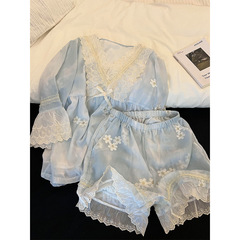 纯欲甜美蕾丝拼接网纱睡衣女夏季薄款大码亲肤短袖短裤家居服套装