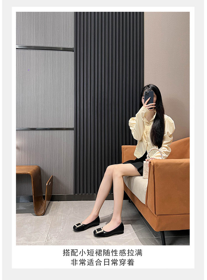 Giày búp bê nữ mũi vuông quai ngang miệng nông đính đá, đế bệt êm chân — Màu mơ, Màu đen chi tiết 28