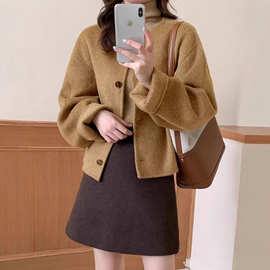 2025秋冬新款韩版双面羊绒大衣女短款圆领小香风斗篷羊毛呢子外套