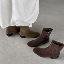 粗跟绒面韩系小裸靴女鞋2025年秋冬新款显瘦百搭炸街棕色小短靴子