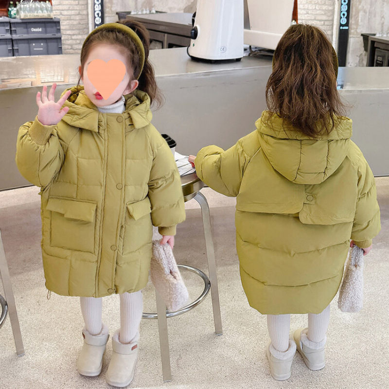 女童羽绒服冬季新款儿童洋气女宝宝绿色白鸭绒中长款冬装外套