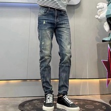 泼墨牛仔裤男潮牌新款个性韩版潮流弹力修身小脚裤长裤