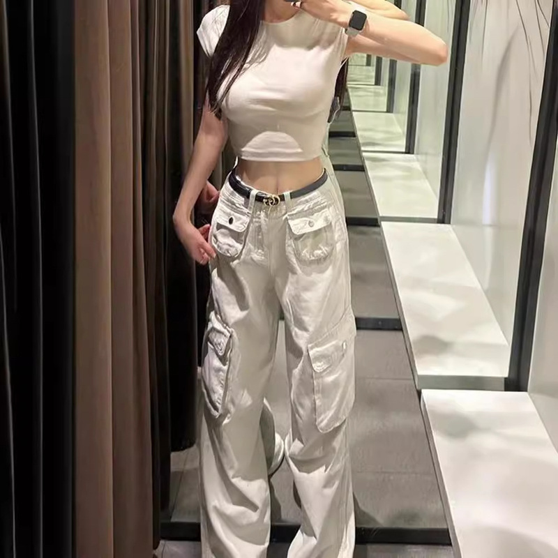 【韩牛】沙白色多口袋工装牛仔裤女秋季新款美式高街显瘦百搭直筒|undefined