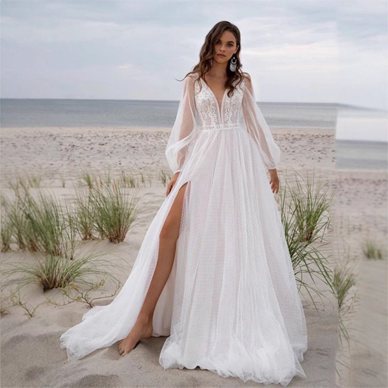 Cross-Border High-End Summer Fashion on Aliexpress, Amazon, and Wish: Mesh Slit Dresses for Dropshipping, New European and American Style Light Wedding Dresses Cross-Border High-End Summer Fashion on Aliexpress, Amazon, and Wish: Mesh Slit Dresses for Dropshipping, New European and American Style Light Wedding Dresses