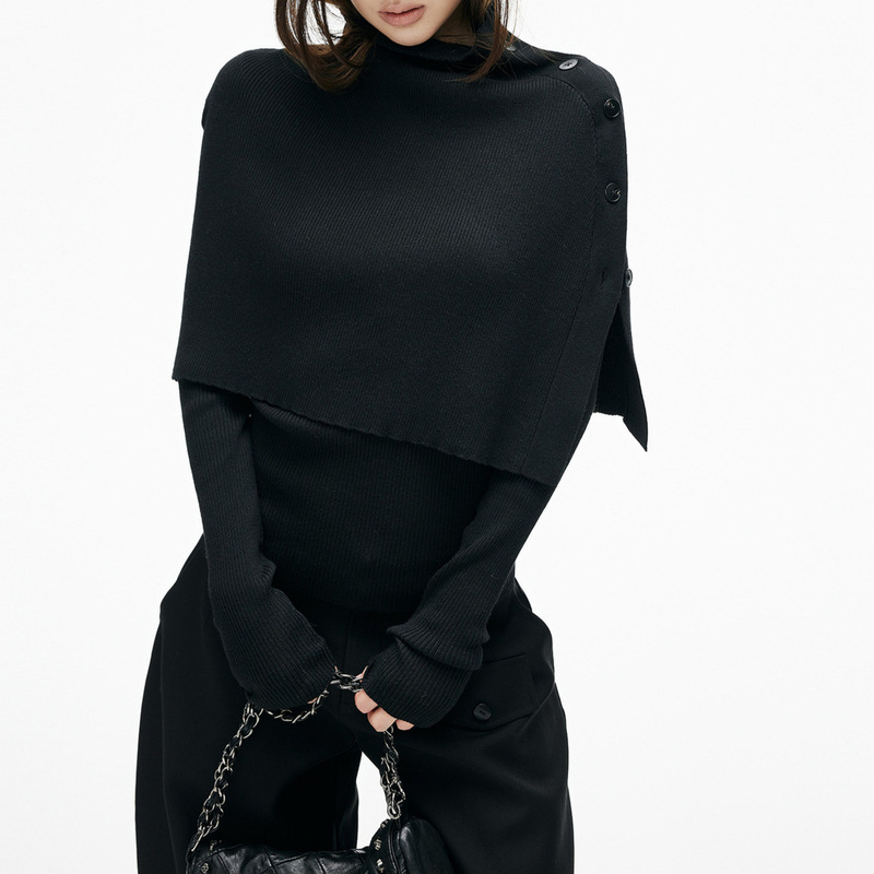 Iamxiaa* Fine Ribbed Knit Stand-Up Collar Buttoned Cape Henry Collar Basic Slim-Fit Base Shirt Genuine Two-Piece Set