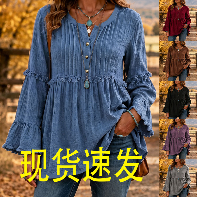 2026 European and American women's fashion Amazon independent station lace loose shirt tassel patchwork top button casual sweatshirt 2026 European and American women's fashion Amazon independent station lace loose shirt tassel patchwork top button casual sweatshirt