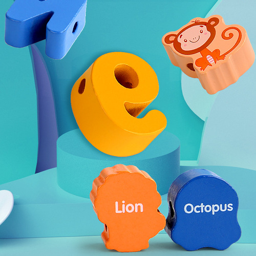 Wooden children's beads threading rope puzzle concentration training building blocks toys alphabet beads beads round bead strings