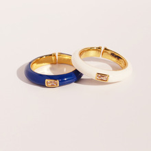 明星同款欧美小众锆石小方糖蓝色珐琅戒指开口可调节白色指环343