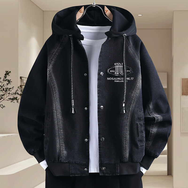 2026 Autumn New Men's Loose Hooded Trendy Embroidered Faux Two-Piece Denim Jacket for Teens 2026 Autumn New Men's Loose Hooded Trendy Embroidered Faux Two-Piece Denim Jacket for Teens