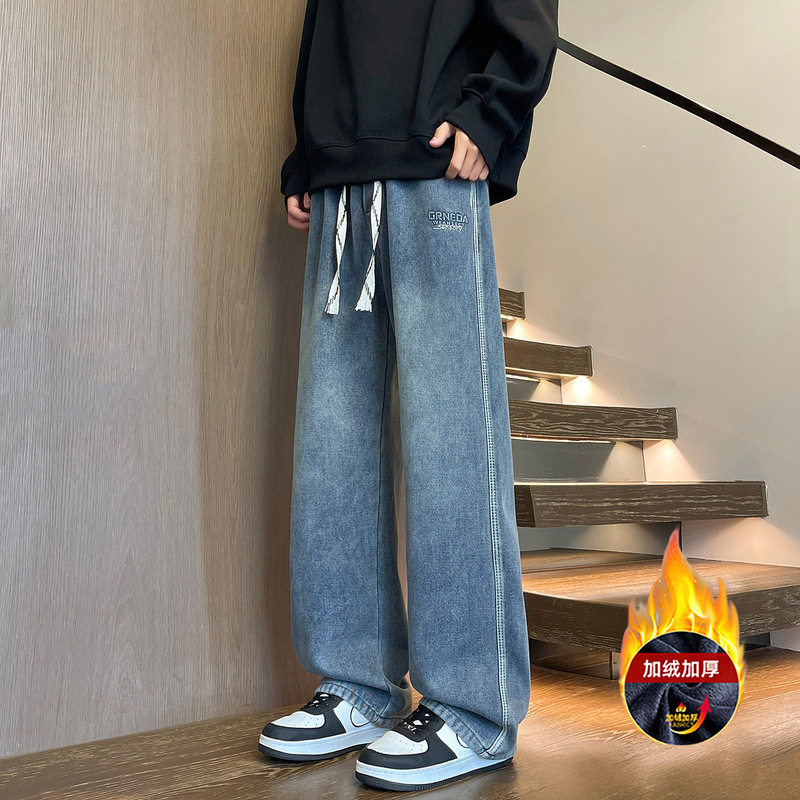 Men's Fleece-Lined Thickened Drawstring Pants 2025 Autumn and Winter New Men's Pants Youth Fashion Casual Trendy Jeans