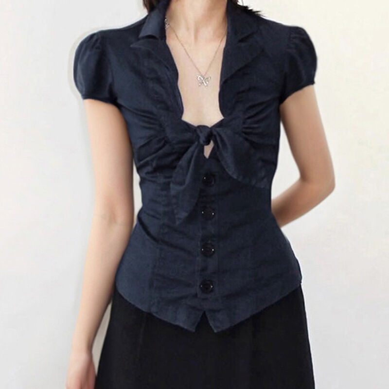 Fabgirls French Palace Banquet Bow Tie-Breasted Waist Short-Sleeved Shirt Retro Versatile Slimming Look Top