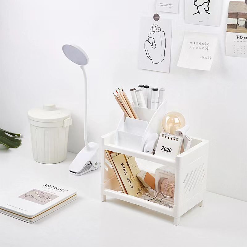 Escritorio de doble capa de almacenamiento rack hogar dormitorio papelería cosméticos multi-capa de almacenamiento multifuncional organización rack de almacenamiento
