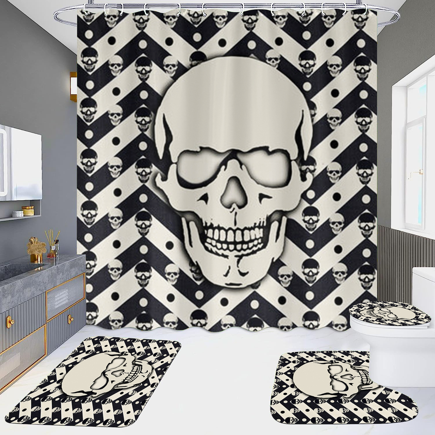 Cortina de ducha de suministro directo transfronterizo conjunto de cuatro piezas hd impermeable sin perforaciones baño hotel baño partición cortina wansheng cráneo