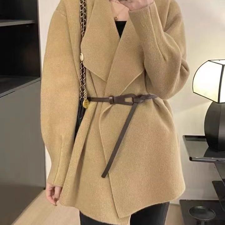 韩系氛围感翻领系带针织开衫女秋冬新款宽松慵懒加厚毛衣收腰外套|undefined